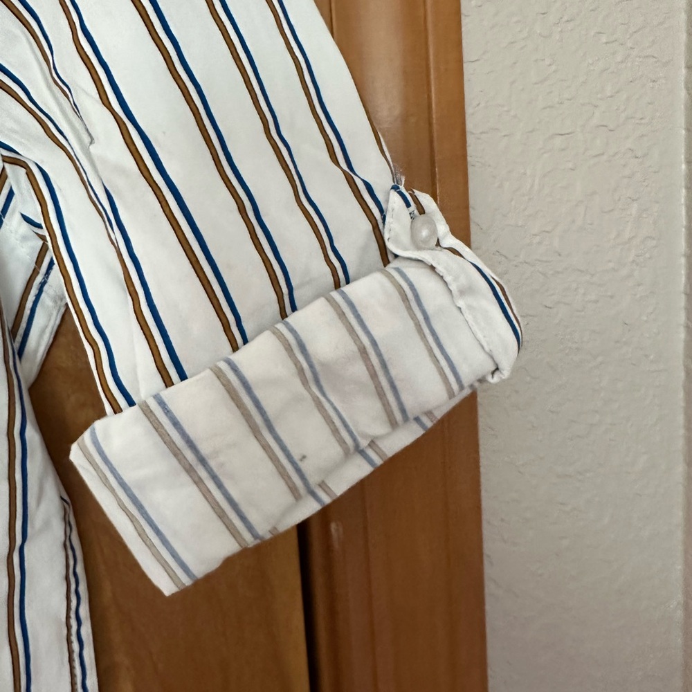 Striped Kids Shirt Gold Brown and Blue with roll up sleeves size 9-10 - Picture 5 of 10
